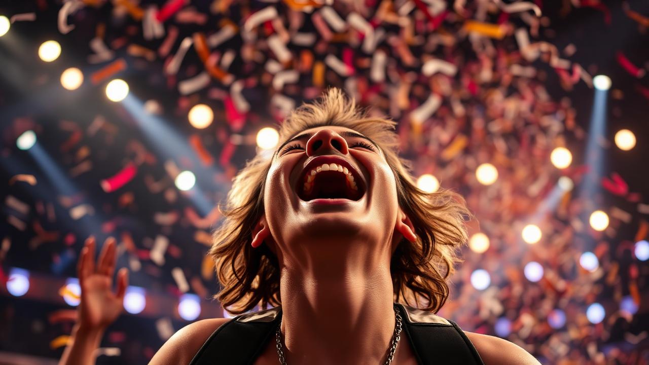 Contestant celebrating a win amid falling confetti